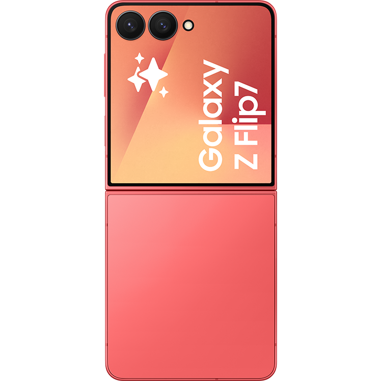 Samsung Galaxy Z Flip7 i korallröd färg med dubbla kameror och stjärndekorationer på den vikbara skärmen.