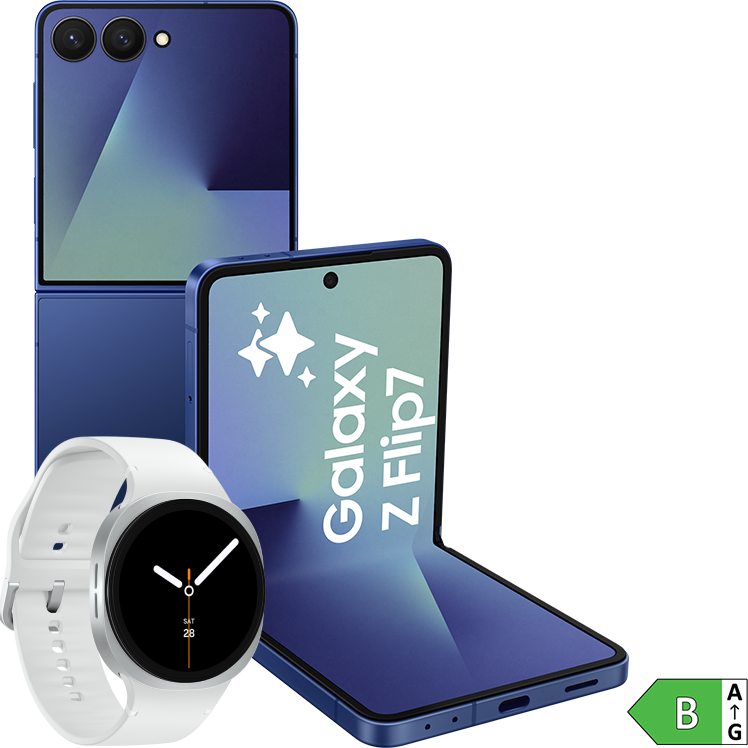 Blå vikbar Samsung Galaxy Z Flip-telefon med dubbla kameror visas öppen bredvid en vit Galaxy smartklocka.