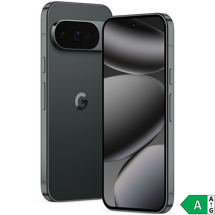 En svart Google Pixel 10 Pro med trippelkamera på baksidan och en grå abstrakt bakgrund på skärmen. Energimärkning A visas.