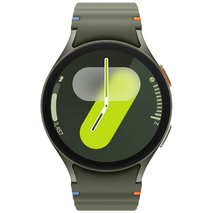 Galaxy Watch7, grön, sedd framifrån, 44 mm boett, grönt armband, skärm med visare och siffran 7 centrerad i bakgrunden