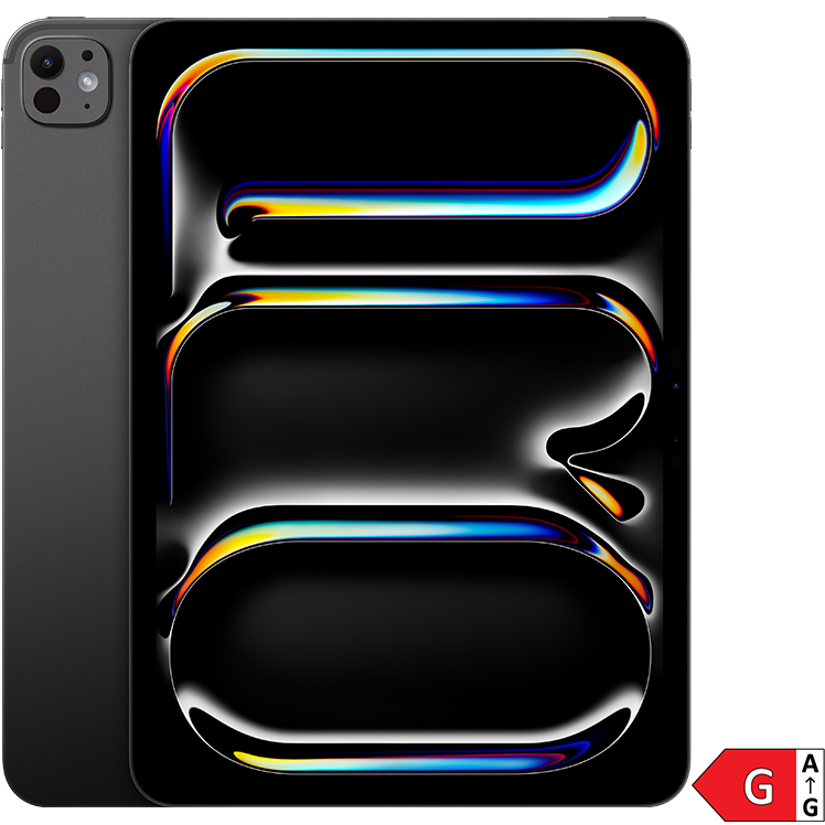 En iPad Pro M5 med svart skärm som visar abstrakt design med flytande, färgglada konturer mot mörk bakgrund.