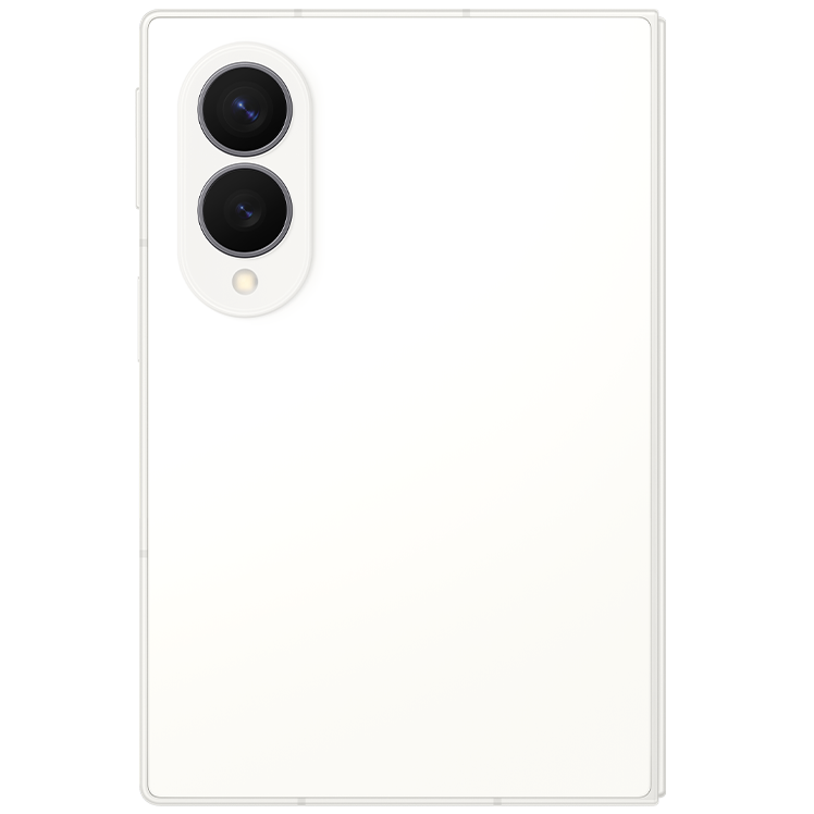 En vit hopvikt Samsung Galaxy Z Flip-telefon sedd framifrån, med ett slätt och kompakt utseende.