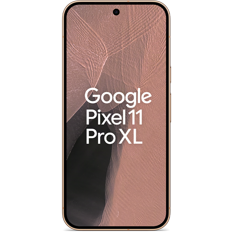Google Pixel 11 Pro XL smartphone framifrån med rosa skärm som visar ett landskap i rosa och grå toner.