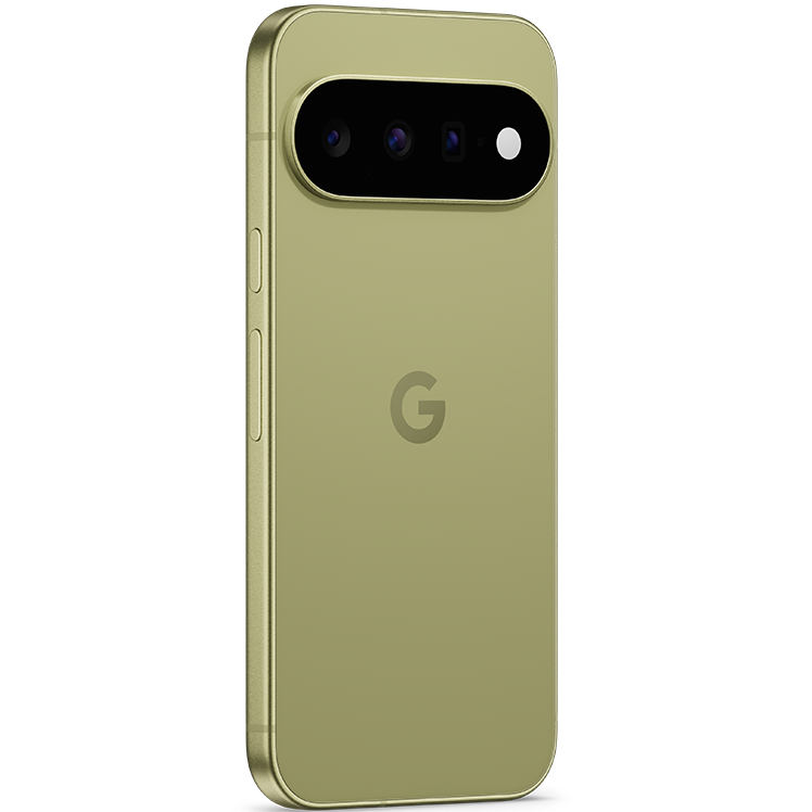 Google Pixel 11 i grön färg, baksidesvy med trippelkamera och Google-logotyp synlig.