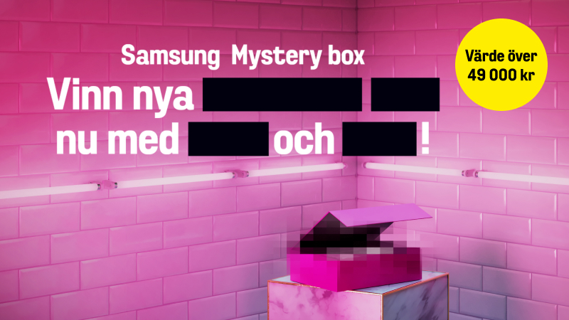 Rosa låda på marmorsockel i rosa rum med neonbelysning. Samsung Mystery box-kampanj med värde över 49 000 kr.