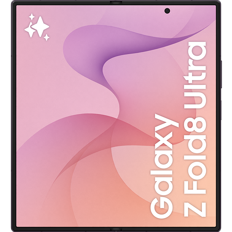 Samsung Galaxy Z Fold8 Ultra vikbar smartphone sedd framifrån, öppnad i surfplatteläge med lila och rosa skärm.
