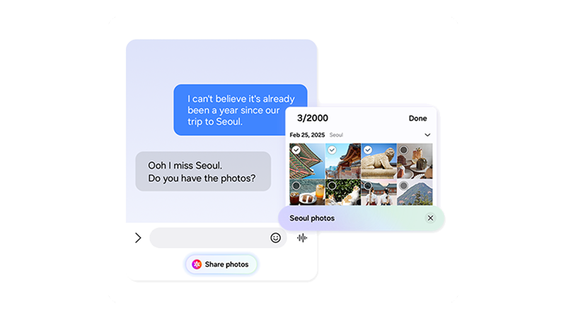 Mobilskärm med chattkonversation om en resa till Seoul och ett fotogalleri med reseminnen som delas mellan användarna.