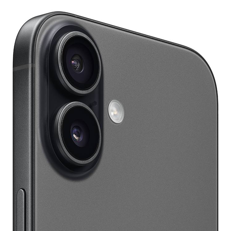 Närbild på en svart smartphone med dubbla kameralinser i det övre vänstra hörnet, visad från baksidan.