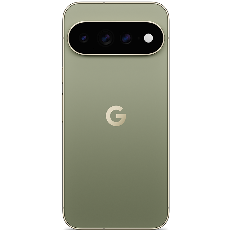 Baksida av en grön Google Pixel 11 Pro XL med trippelkamera och Google-logotyp i mitten.