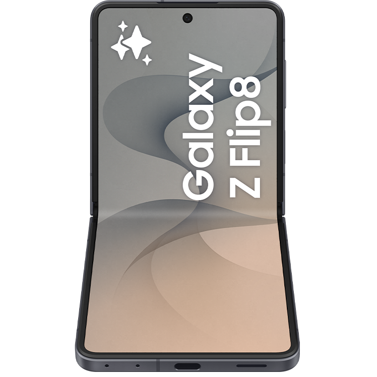 Samsung Galaxy Z Flip8 vikbar smartphone i svart färg, visad framifrån i öppet läge med grå och beige skärm.