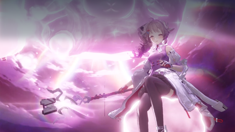 Animerad karaktär i lila klänning med magiskt vapen omgiven av lysande rosa energi mot en lila bakgrund.