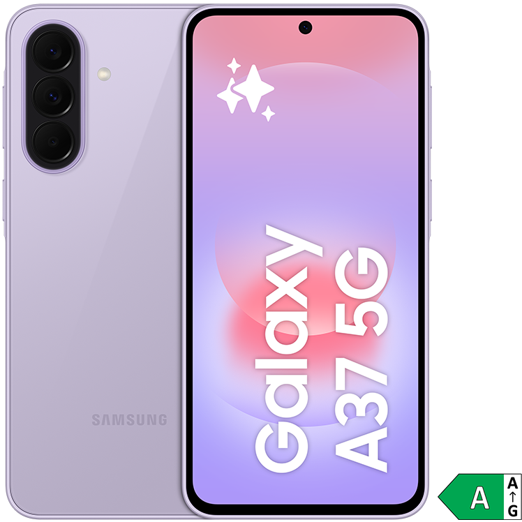 Lila Samsung Galaxy A37 5G-smartphone med trippelkamera på baksidan och skärm med selfiekamera på framsidan. Energimärkning A.