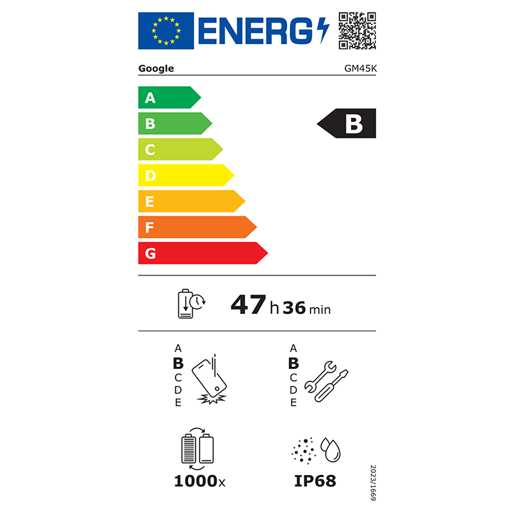 EU-energimärkning för Google GM45K, energiklass B, batteritid 47h 36min, 1000 laddningscykler, IP68-klassad.