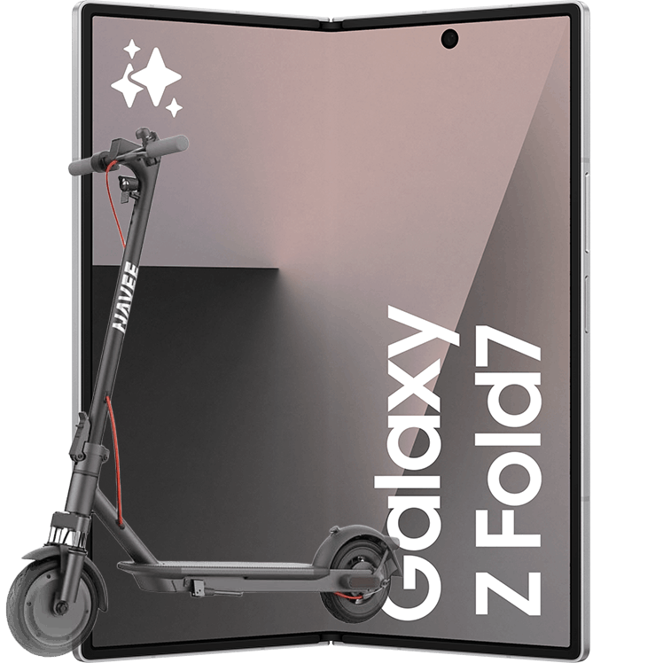 En svart elsparkcykel framför en Samsung Galaxy Z Fold7 med vikbar skärm.