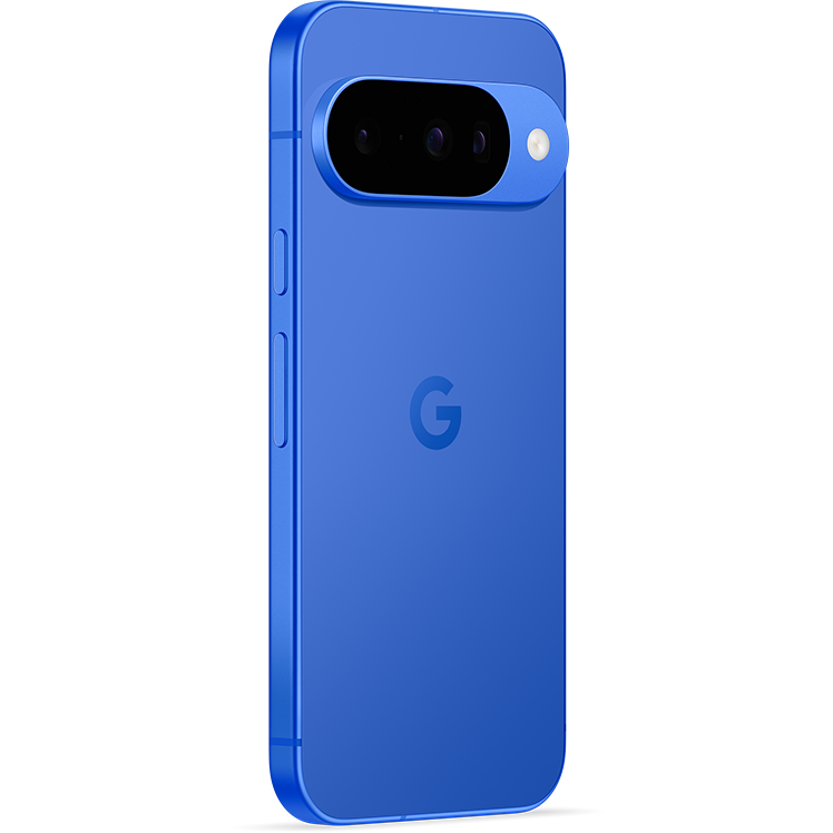 Blå Google-smartphone sedd bakifrån med kameramodul i övre delen. G-logotypen syns präglad på baksidan.