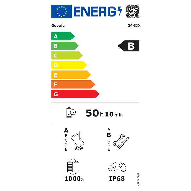 EU-energimärkning för Google G4HCD, energiklass B, batteritid 50h 10min, 1000 laddningscykler, IP68-klassad.