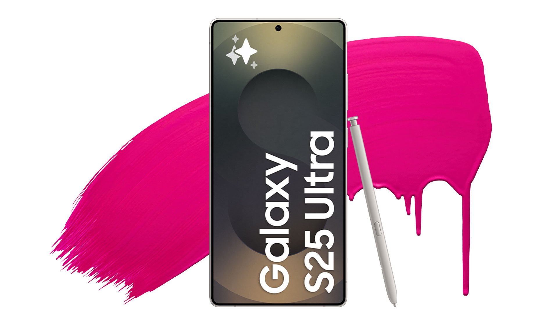 Galaxy S25, svart (Titanium Black), framsida med S Pen, skärm med bakgrund i matchande färg och texten "Galaxy S25 Ultra", S Pen lutad mot mobilen till höger i bild