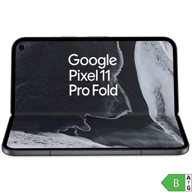 Google Pixel 11 Pro Fold vikbar smartphone i svart, öppnad med kustlandskap på skärmen, energiklass B.