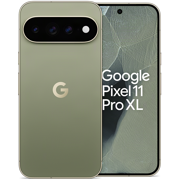Google Pixel 11 Pro XL smartphone i grön färg, visad från bak- och framsida med trippelkamera.