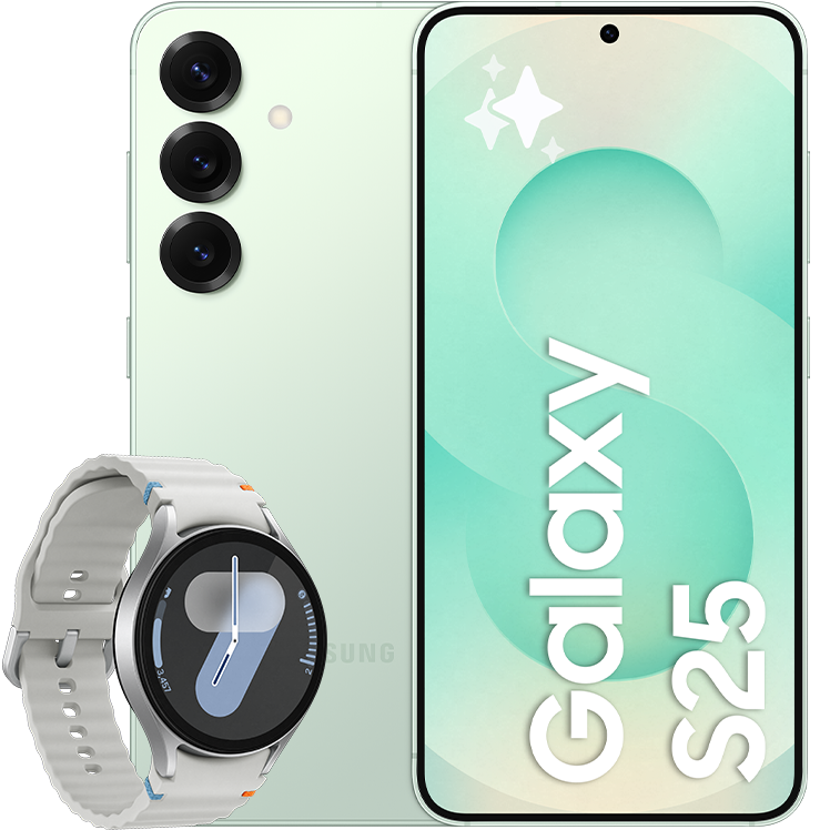 Samsung Galaxy S25 i ljusgrön, visad fram- och bakifrån med tre kameralinser, tillsammans med en silverfärgad Samsung Galaxy Watch7.