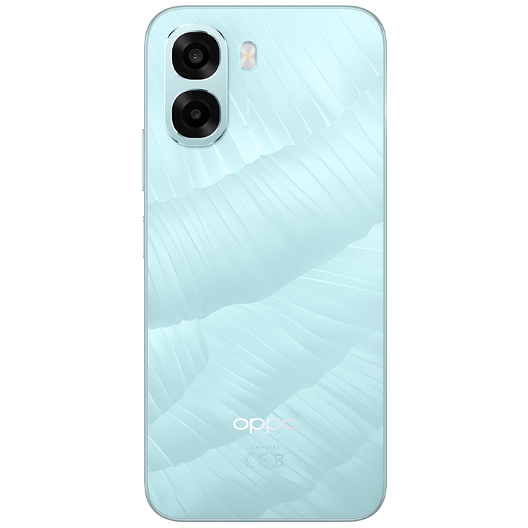 Baksida av en ljusblå OPPO-smartphone med dubbla kameror och ett bladmönster på höljet.