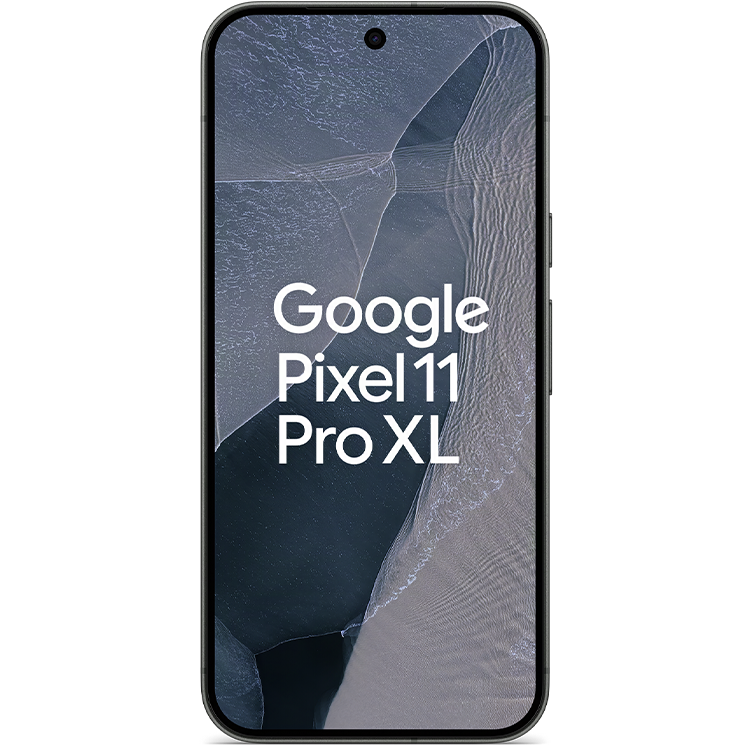 Google Pixel 11 Pro XL smartphone framifrån med mörk skärm som visar ett landskap i grå toner.
