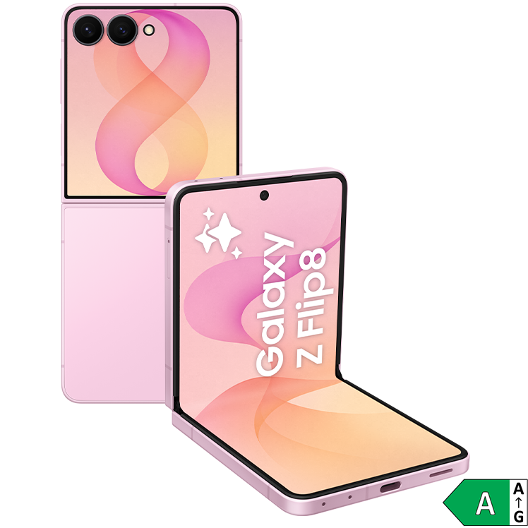 Samsung Galaxy Z Flip8 i rosa färg, visad både hopvikt och utvikt med energiklass A-märkning.