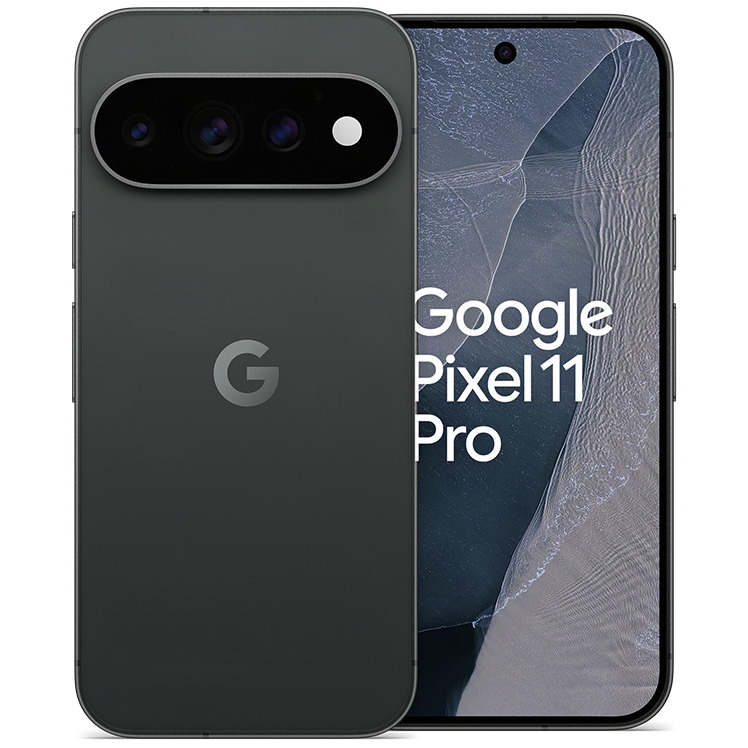 Google Pixel 11 Pro i svart färg, visad framifrån och bakifrån med trippelkamera och Google-logotyp.