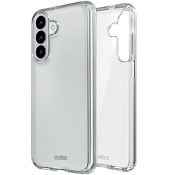 Transparent mobilskal för Samsung Galaxy, genomskinligt skydd med kameraöppning, visas framifrån och bakifrån.