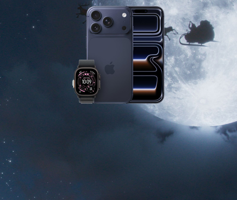 Mörkblå iPhone och Apple Watch mot natthimmel med måne och jultomtens släde som silhuett i bakgrunden.