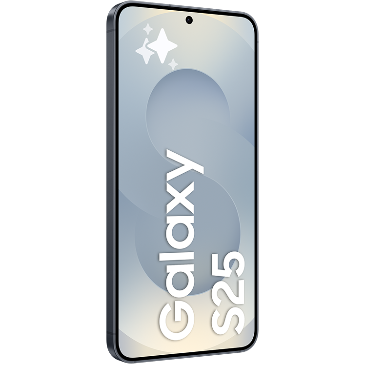 En Samsung Galaxy S25 smartphone visad från sidan med ljusblå skärm och vit Galaxy S25-logotyp.