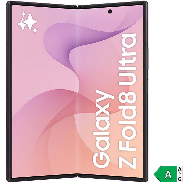 Samsung Galaxy Z Fold8 Ultra vikbar smartphone i lila, öppen med stor skärm och energiklass A-märkning.

