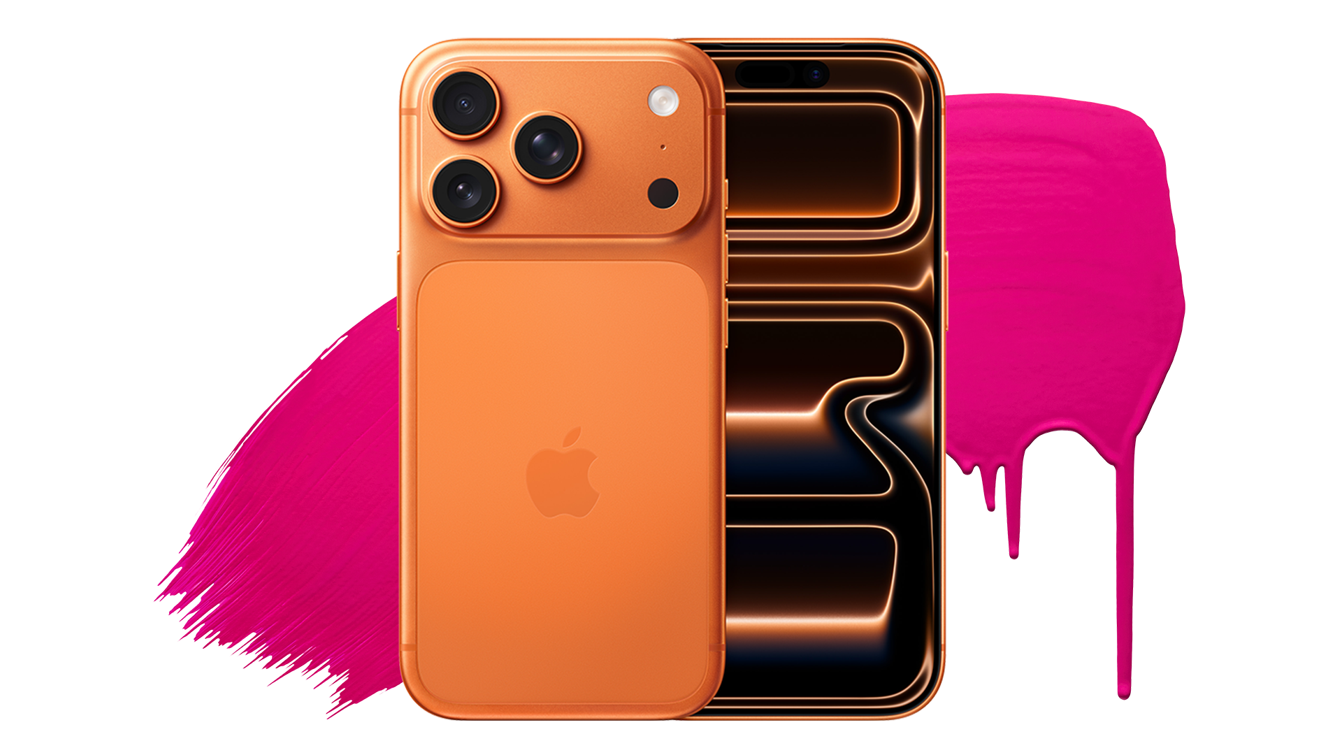 Orange iPhone 17 Pro, fram och baksida, tre kameror på mobilens baksida och en centrerad kamera högts upp på framsidan