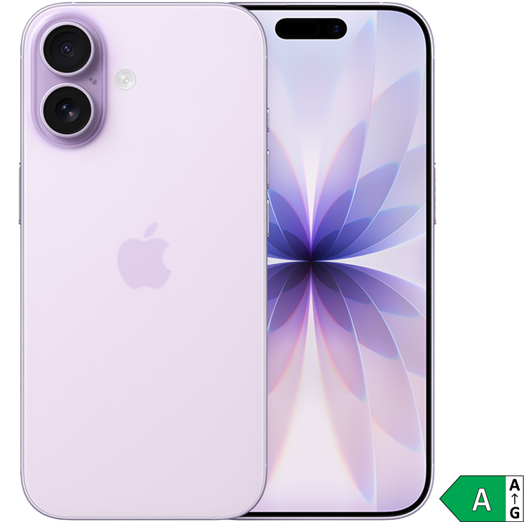 Ljuslila iPhone med dubbla kameror visas från bak- och framsida med en blomliknande skärmbild i lila toner.