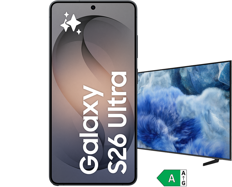 Samsung Galaxy S26 Ultra smartphone i svart bredvid en Samsung TV med energimärkning klass A.