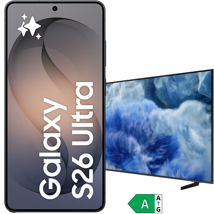 Samsung Galaxy S26 Ultra smartphone i svart bredvid en Samsung TV med energimärkning klass A.