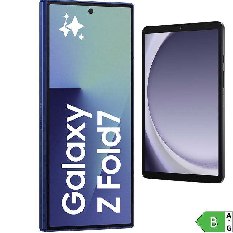 En Samsung Galaxy Z Fold-telefon bredvid en surfplatta, båda med svarta ramar och lila skärm på surfplattan.