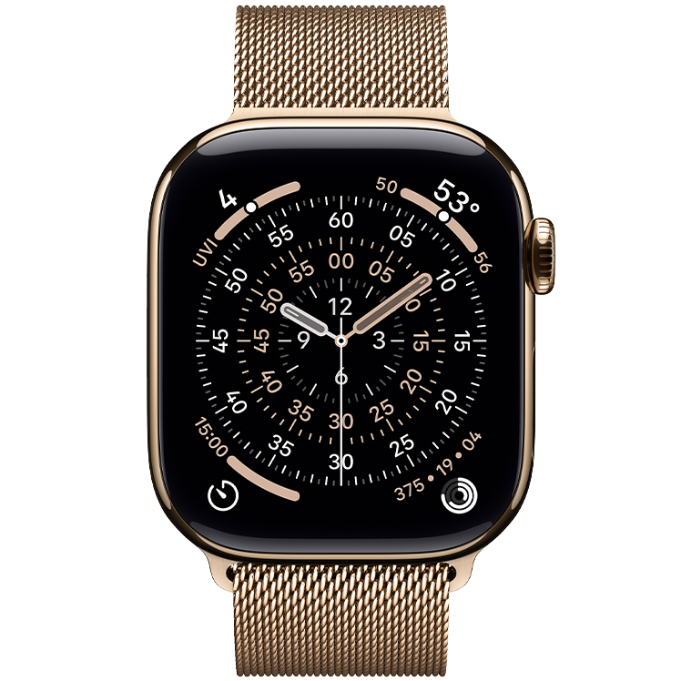Guldfärgad Apple Watch Series 11 med abstrakt urtavla på skärmen och matchande guldfärgat armband.
