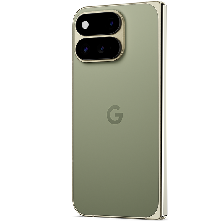 Google Pixel 11 Pro Fold i grönt med dubbla kameror på baksidan och Google-logotyp, visad från vinkel.