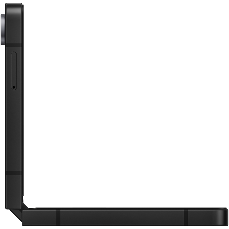 Samsung Galaxy Z Flip7 FE i svart, visad från vänster i 90-graders öppet läge, med gångjärnet tydligt synligt.