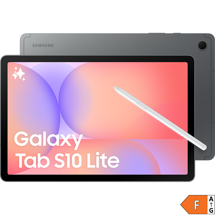 Samsung Galaxy Tab S10 Lite surfplatta i grå färg med färgglad skärm i rosa och lila toner, visad med en vit penna.