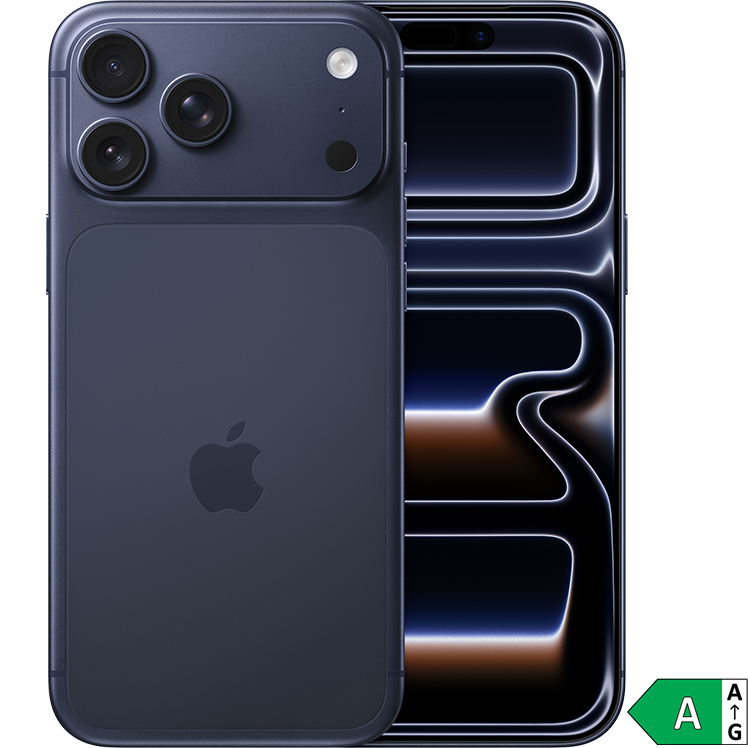 Mörkblå iPhone 17 Pro Max med trippelkamera visas bredvid en abstrakt skärm med ljusa böljande linjer. Energimärkning A visas i hörnet.