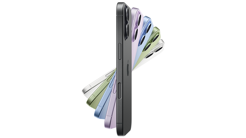 iPhone 17 i olika färger arrangerade som en solfjäder, med svart telefon i förgrunden och pastellfärgade modeller bakom.