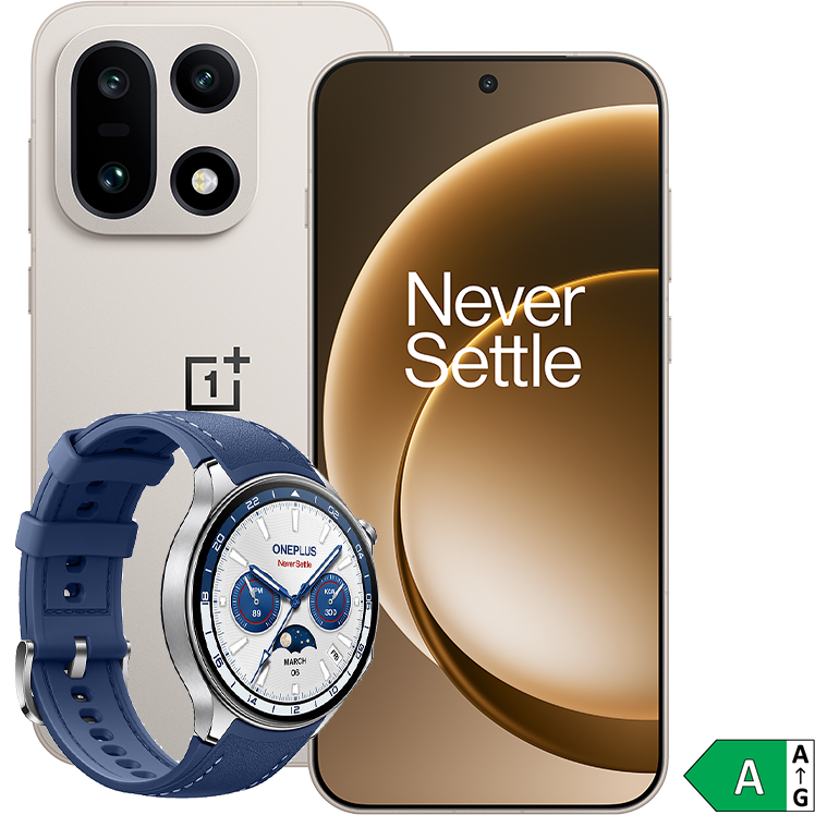 Grå OnePlus-smartphone med texten "Never Settle" på skärmen, bredvid en blå OnePlus-smartklocka med vit urtavla.
