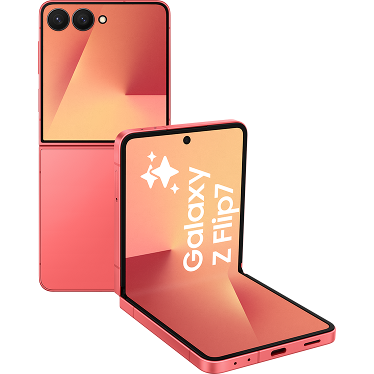 En korallröd Samsung Galaxy Z Flip-telefon visad både hopfälld och uppfälld, med dubbla kameror och logotyp på skärmen.