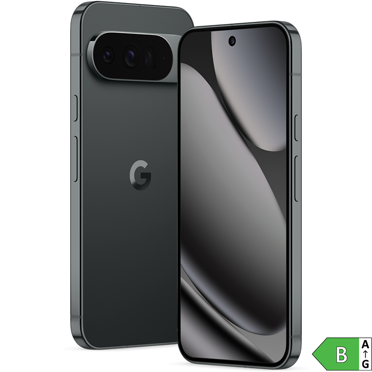 En svart Google Pixel 10 Pro XL med trippelkamera på baksidan och Google-logotyp, visad från fram- och baksidan. Energiklass B. 