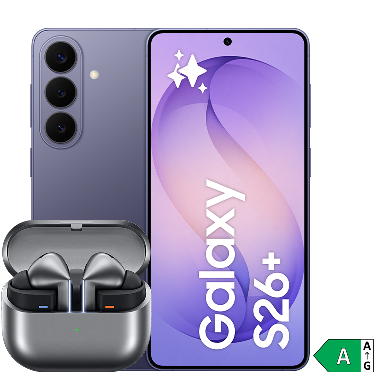 Fram- och baksida på lila Samsung Galaxy S26+ med Galaxy Buds3 Pro framför