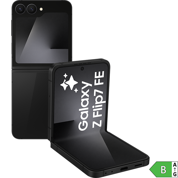 Svart Samsung Galaxy Z Flip7 FE vikbar smartphone visad i både stängt och delvis öppet läge med dubbla kameror. Med energimärkning B.