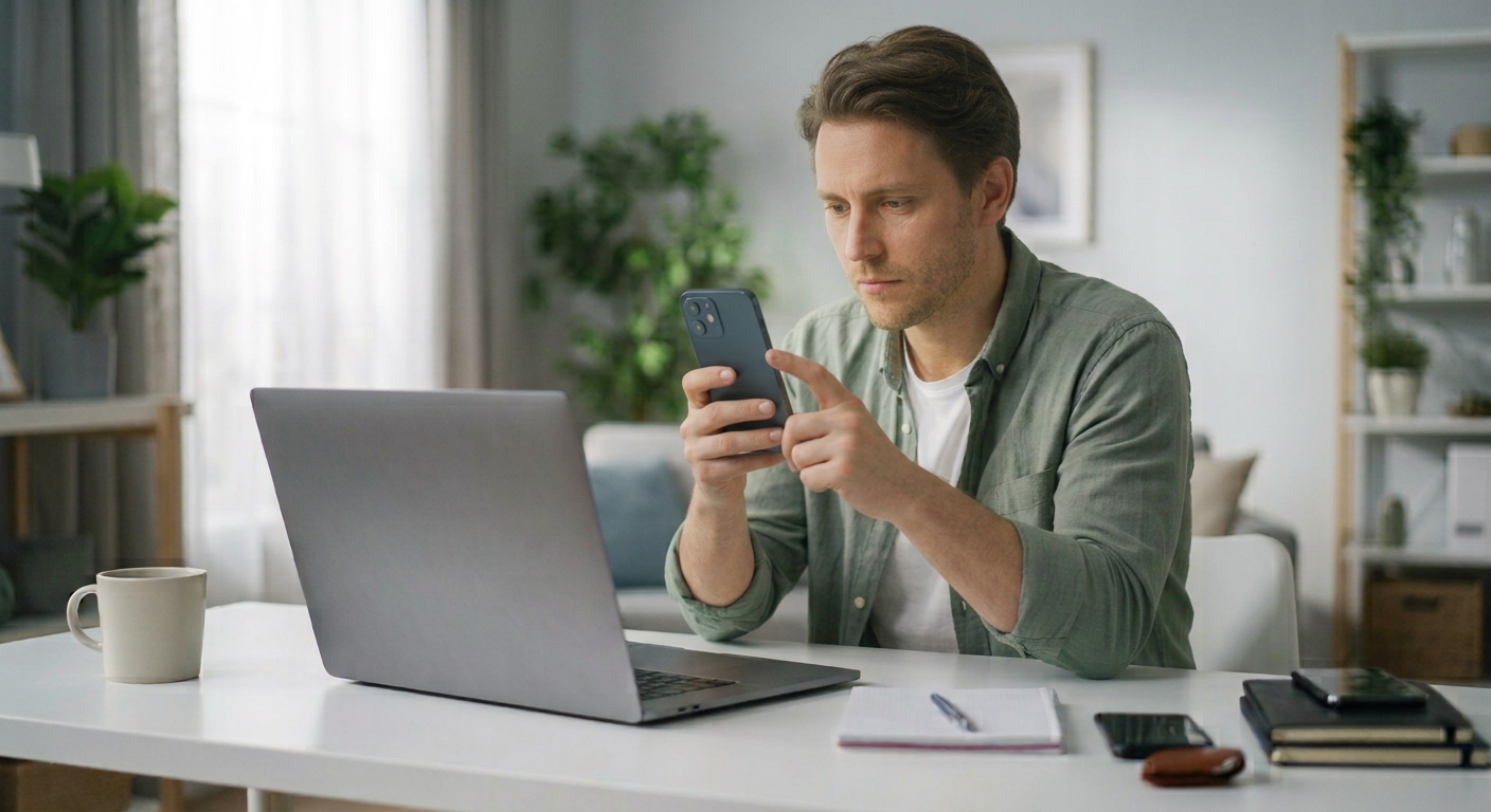 En man vid ett skrivbord som använder sin smartphone framför en bärbar dator för att verifiera eller slå in en kod. Bilden är AI-genererad.