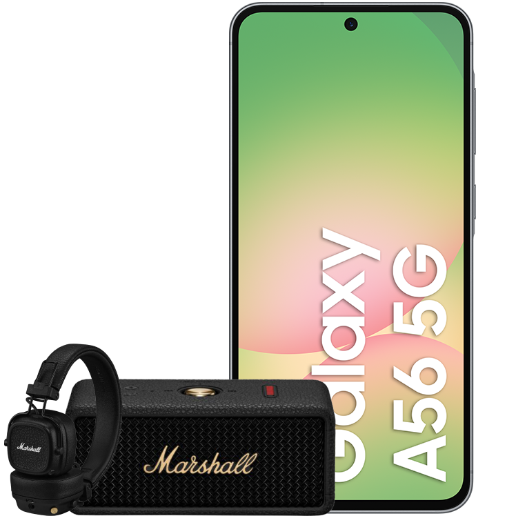 En Samsung Galaxy A56 5G-smartphone med färgglad skärm bredvid en svart Marshall-högtalare och hörlurar.